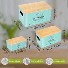 Kitchen Vegetable Storage Set Of 3, Metal Onion Garlic Potato Storage Set, Kitchen Canisters Vegetable Keeper Containers With Aerating Holes And Wooden Lid (Blue) - Blue - 查看 5