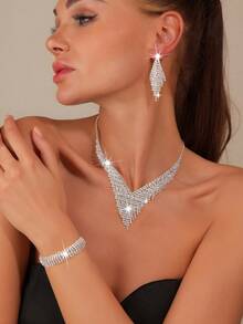 1 Set Women's Rhinestone Jewelry Set - Sparkling Tassel Rhinestone Jewelry Set - Copper Material With Inlaid Diamonds - Formal Occasion Birthday Valentine's Day Gift - Silver - View 5