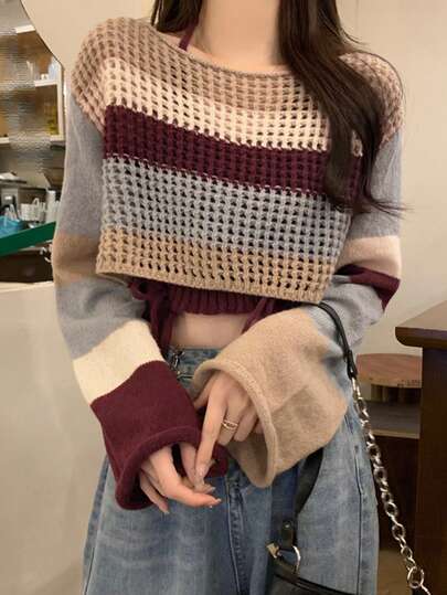 2pcs/Set Contrast Color Round Neck Long Sleeve Cropped Sweater And Solid Color Camisole, Spring/Autumn