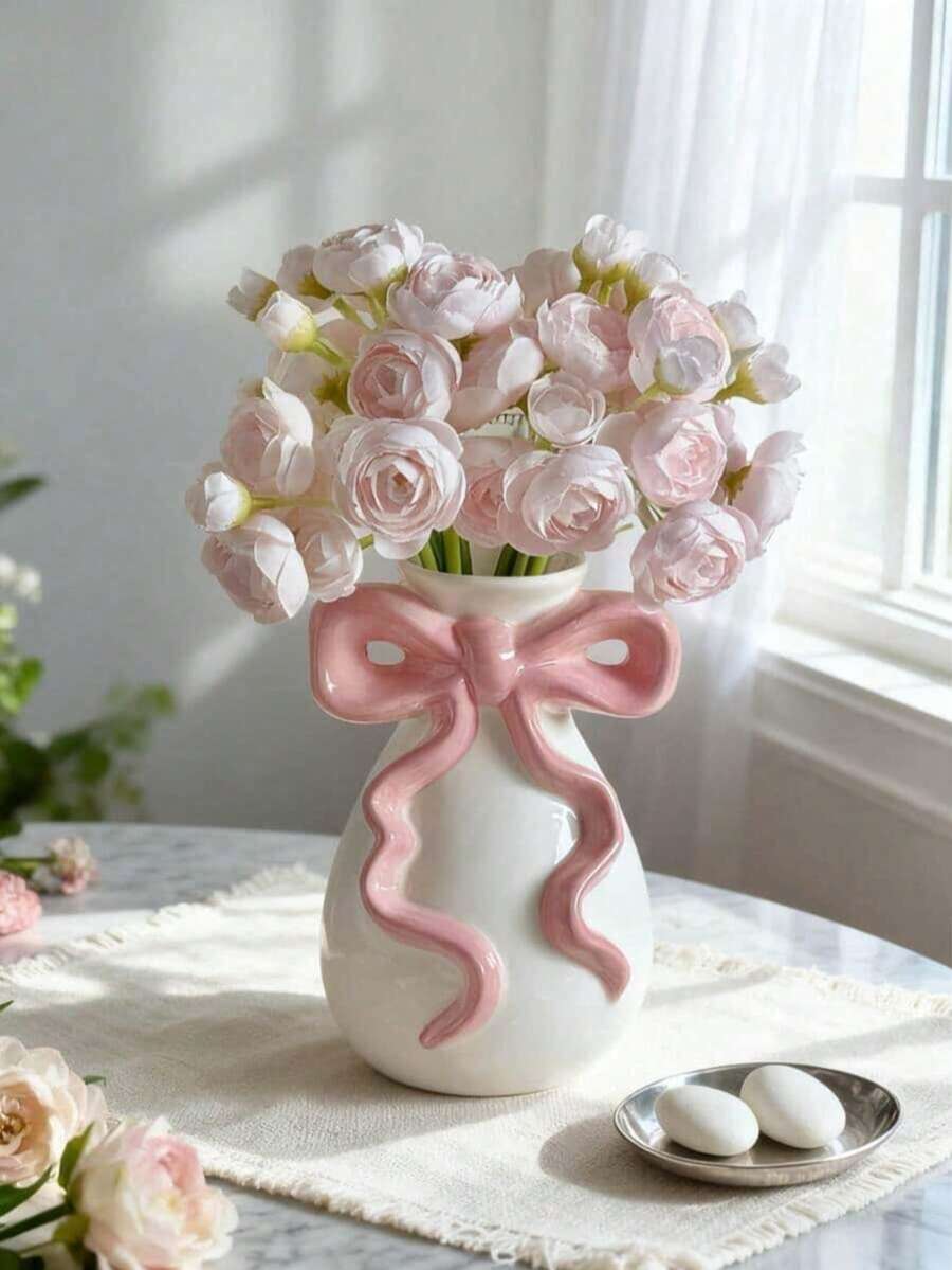 粉色蝴蝶结白色花瓶，可爱花瓶，适合装饰大学宿舍、托儿所和公寓卧室，增添少女气息。