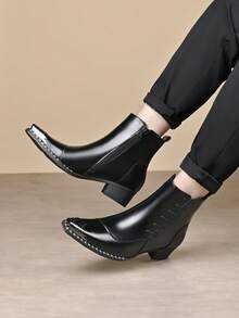 1 Pair Men's Black Pointed Toe PU Leather Upper Rubber Sole Low Heel Business Casual Mid-Calf Boots, Suitable For Office & Daily Wear