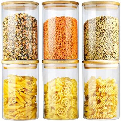 1/2/6件套厨房食品玻璃储物罐，糖罐，圆形密封玻璃罐，咖啡豆罐，厨房调料收纳罐，带竹盖玻璃罐套装，厨房收纳整理，适用于存放厨房调料、咖啡、谷物、糖果、饼干、意面等，可作为家居厨房桌面装饰，可堆叠，适合作为节日和婚礼礼物