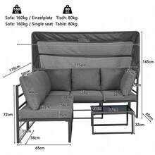 Garten Loungesessel Set, Iron Sunny Island Sitzgruppe Hocker und Tisch mit Markise 4er Set Balkon und Garten Loungemöbel Terrassenmöbel Wetterfest Grau Inkl. aller Kissen(previous sku:HW24006AAA) - Standard - Übersicht 3