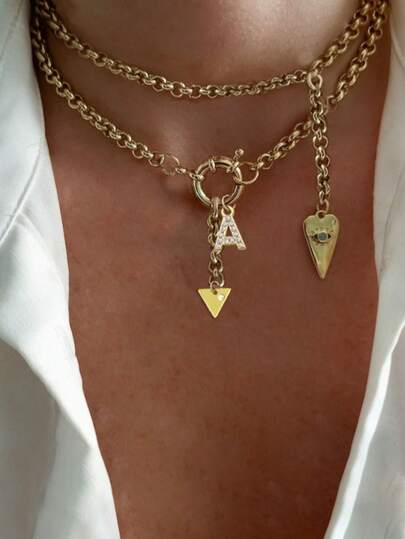 STYLEVER 1st/2st guldfärgat bokstavshalsband, strass triangel- och onda ögat-hänge, dubbelkedja, rostfritt stål, lämplig för arbete, vardag, fest, bankett, baldekoration, unikt lyxigt halsband för kvinnor