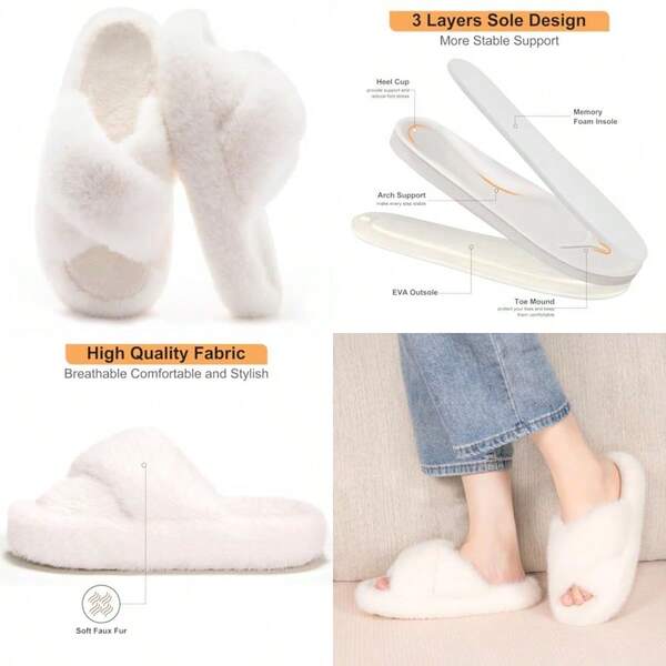 Women's Fuzzy Slippers House Slippers Memory Foam Bedroom Shoes Open Toe Cross Band