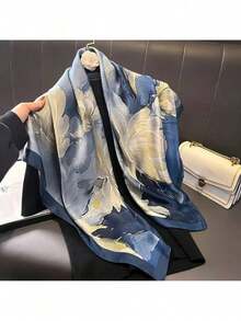 35.43inch Blue Printed Square Scarf, Fashionable Slim Satin Shawl, Summer Women's Headscarf - 藍色 - 查看 7
