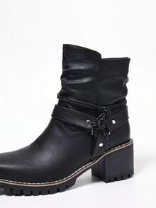Black Pleated Side Zipper Strap Rivet Rope Irregular Chunky Heel Round Toe Elegant Versatile Daily Commute All Season Fashion Boots - Black - View 5