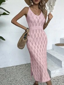 优雅女士春夏时尚日常休闲周末度假纯色针织镂空连衣裙女士V领针织连衣裙女士白色春夏长裙黄色沙滩裙简约返校夏季女士套装女士情人节粉色长款派对连衣裙 - 粉色 - 查看 5