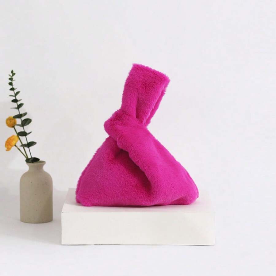 Fashionable Plush Fuchsia Minimalist Lightweight Cloud Wristlet Clutch Bag, Classic Versatile For Party