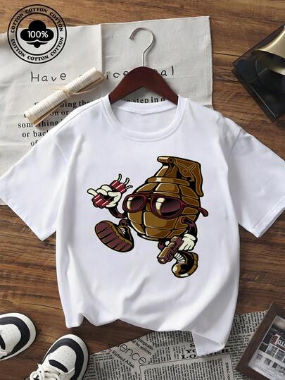 Women's Cartoon Grenade Graphic Print T - Shirt - Casual Loose Short Sleeve Crew Neck Tee, Y2K Streetwear Vintage Style Funky Character Pattern Summer Top For Daily Wear