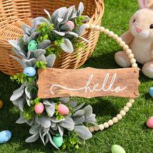 Spring Easter Wreath With Hello Sign - Wooden Bead And Faux Greenery Door Decor, Pastel Eggs Hanging Wreath For Front Door, Entryway, Porch Farmhouse Decor - Multicolor - View 8