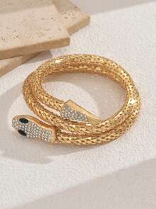 1pc Fashionable & Elegant Rhinestone Encrusted Snake Design Wrap Bracelet, Women's Fashion Accessory - Gold - View 2