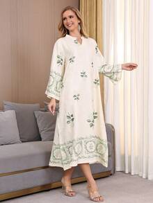 2026新款斋月传统优雅刺绣V领长袖女式连衣裙 - 黃色 - 查看 9