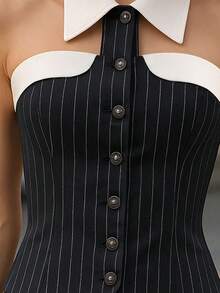 Elegante top sin mangas de mujer con rayas, diseño con botones delanteros y abertura, bajo asimétrico único para el verano - Negro + Blanco - Ver 5