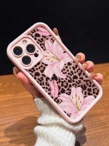 Cute Pink Lily Flower & Leopard Print Matte Anti-Drop Phone Case Compatible With IPhone 11, 12, 13, 14, 15, 16, 13 Pro Max, 16 Plus, XR, 7, 8 Plus, 17 Pro Max, AIR - Pink - View 2