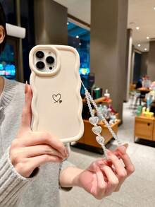 1pc Big Wave Dopamine Small Double Heart + 3pcs Heart Wrist Strap Phone Case Compatible With IPhone 17 Promax/Redmi Note 14 4G/Galaxy A56/Infinix Hot 30/ Moto E30/Smart 7, Smart 8/Honor X7, X8, X8A, X8B, X8C - White - View 4