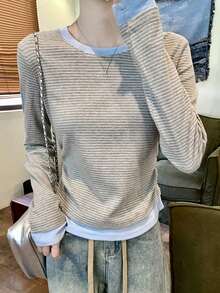 2 In 1 Striped Round Neck Long Sleeve T-Shirt Base Layer For Women, New Stylish Design Fitted Undershirt, Autumn - Grey - View 6