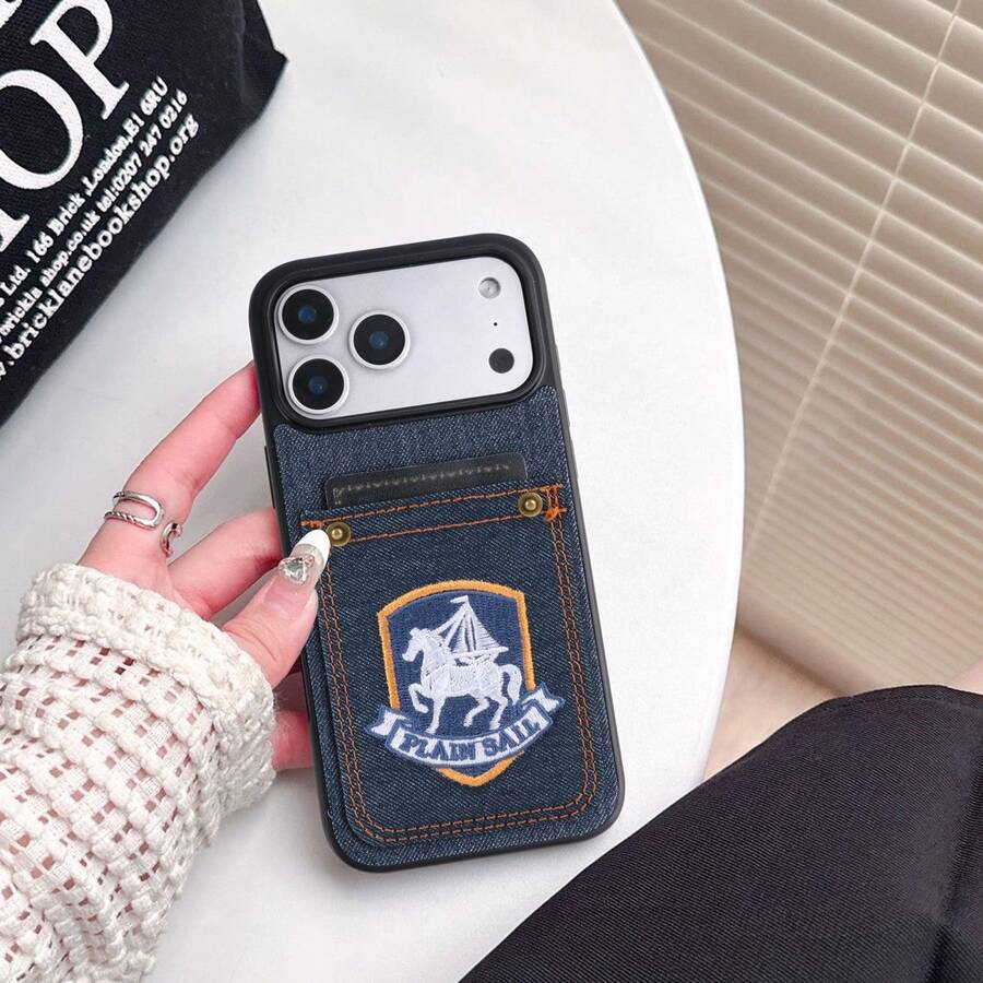 1pc Elegant Embroidered PU Leather Card Holder Phone Case Compatible With IPhone 17 16 16e 15 14 Plus 13 12 11 Pro Max, Minimalist Protective Cover