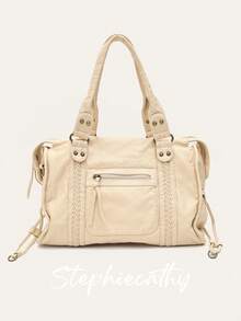 STEPHIECATHY Women's Fashionable Casual Cool Street Style Soft Washed PU Vegan Leather Zipper Closure Zip Pockets Braid Decor Large Capacity Fits 13' Laptop Tote Adjustable Long Strap Cross Body Shoulder Bag Daily College Commute Travel Versatile Spring Summer - 米色 - 查看 8