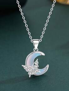 1pc Elegant Lightweight Luxury Cubic Zirconia Butterfly & Moon Pendant Stainless Steel Necklace, Suitable For Girls, Fashion For Holiday Party, Christmas, Date And Daily Wear