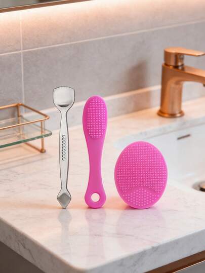 浴室日常护肤三合一套装：黑头去除铲+鼻毛孔清洁刷+面部硅胶清洁刷，深层清洁毛孔，去除黑头，节日礼物，旅行携带方便