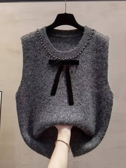 新款女士串珠背心，优雅无袖套头亮片毛衣背心，适合派对、休闲、通勤等各种场合，简约时尚