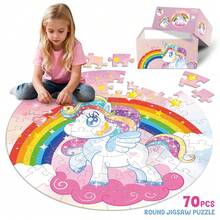 70pcs Unicorn Floor Puzzle, Suitable For 3-5 Years/4-6 Years Old Girls, 58x58cm Large Round Floor Puzzle, Ideal Toy Gift For Boys And Girls, Suitable For Thanksgiving, New Year, Back To School And Other Holidays - Pink - View 2