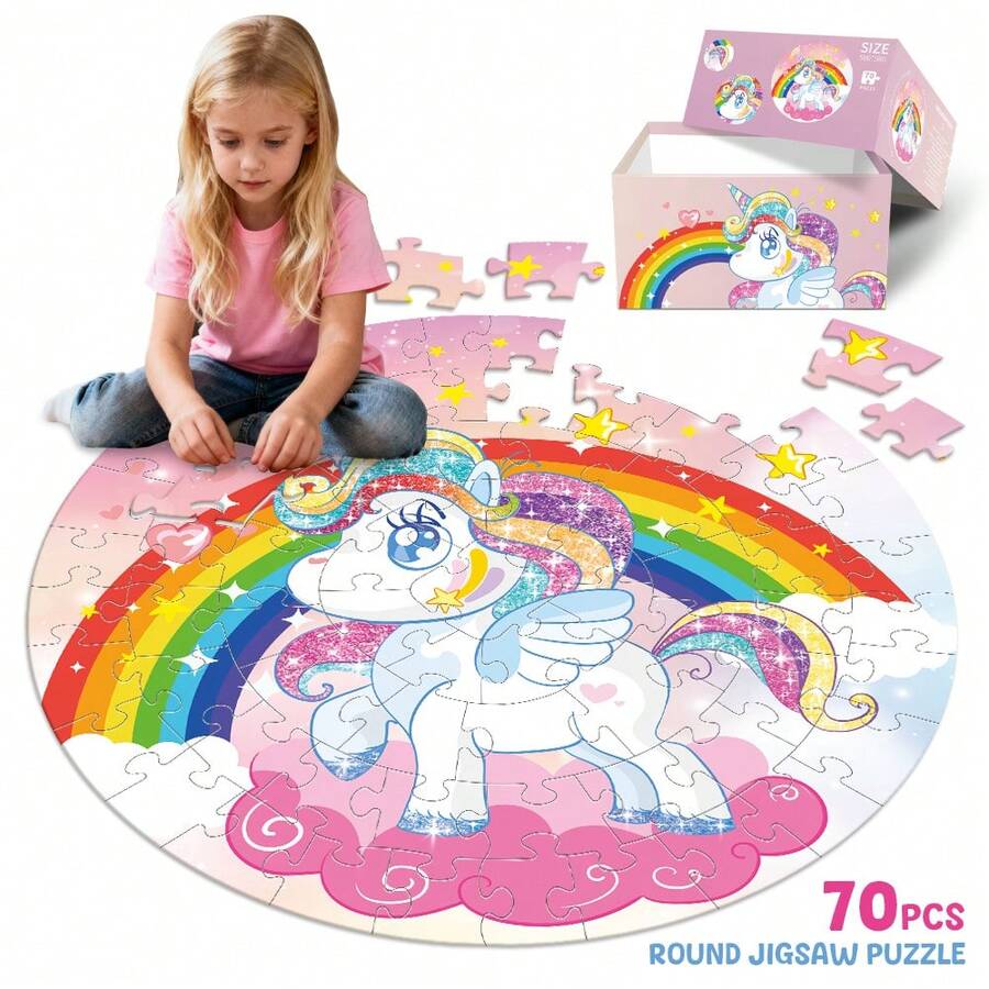 70pcs Unicorn Floor Puzzle, Suitable For 3-5 Years/4-6 Years Old Girls, 58x58cm Large Round Floor Puzzle, Ideal Toy Gift For Boys And Girls, Suitable For Thanksgiving, New Year, Back To School And Other Holidays
