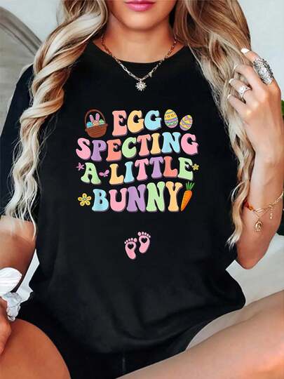 100% Cotton Egg Specting A Little Bunny Easter Pregnancy Announcement T-Shirt Round Neck Short Sleeve Streetwear Fashion Breathable Homme Soft Unisex Designer Clothes