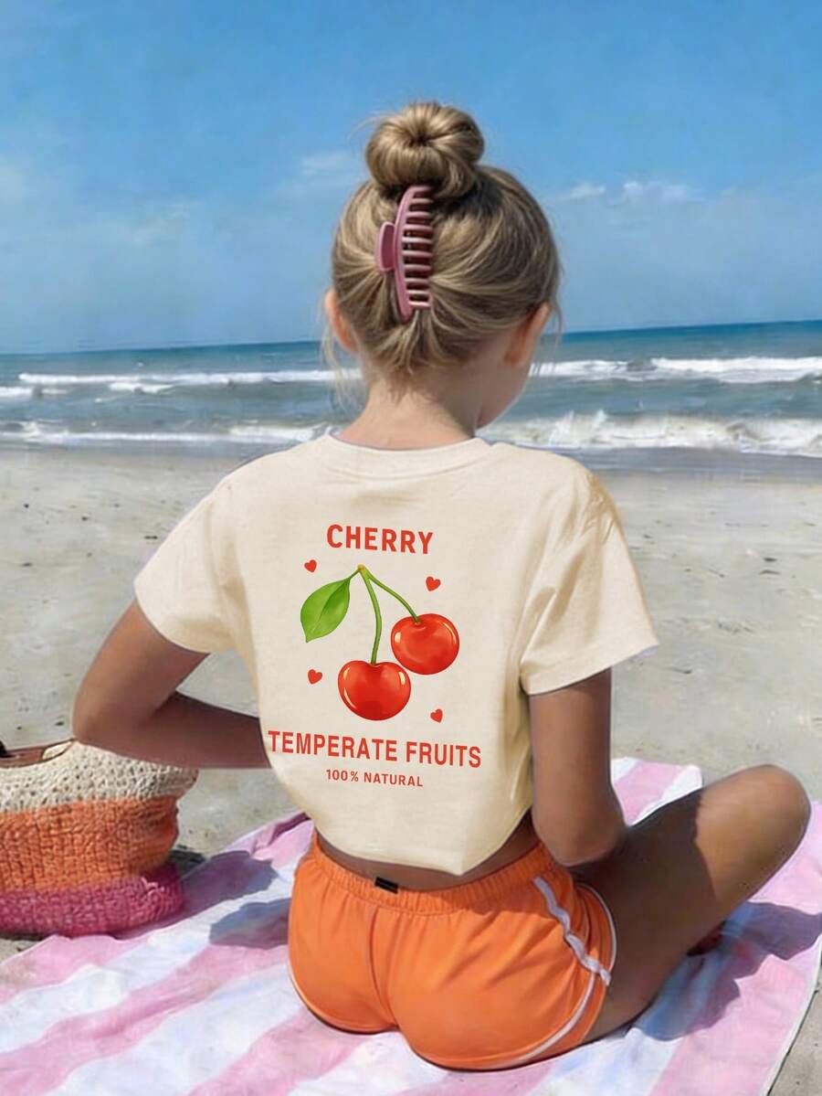 Tween Girls Casual Printed Round Neck Short Sleeve T-Shirt, Summer Top - Apricot - View 1