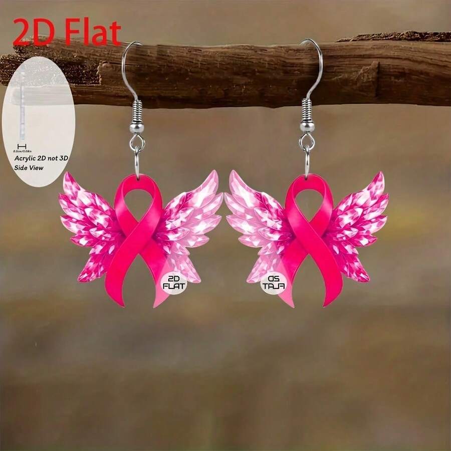 2D flat pink ribbon wings pendant earrings, fashionable jewelry, party gifts, holiday presents for family and friends - Un par - Ver 1