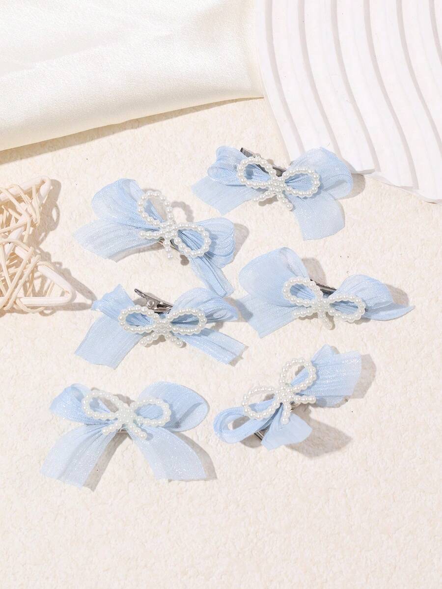 6个女童甜美可爱珍珠网纱蝴蝶结发夹，适合日常佩戴 - 彩色 - 查看 1