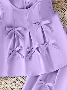 2件套女婴可爱褶皱蝴蝶结无袖上衣和长裤套装，夏季 - 紫色 - 查看 4