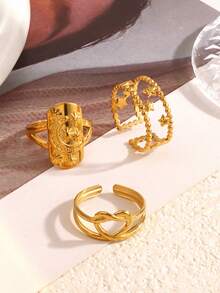 3pcs/Set Stainless Steel Unique Hip-Hop Star & Moon Pattern Open Rings, Suitable For Women's Daily Wear, Party, Holiday Gift - Multicolor - View 4