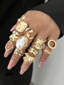 14/12/3pcs Set Asymmetrical Shaped Faux Pearl Flower, Geometric, Liquid, Round, Hollow, Multilayer Metal Textured Rings, Oversized, Chunky, Fashionable, Elegant, Vintage, Suitable For Holiday, Party, Date, Gift, Daily Wear - 12PC - View 2