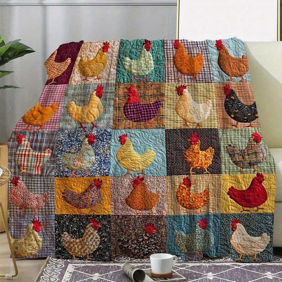 Retro Chicken Printed Flanged Velvet Blanket, Soft And Comfortable Knitted Polyester Blanket, Colorful Splicing Throughout The F - 款式2 - 查看 1