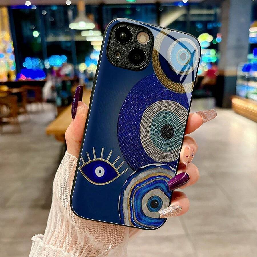 Sparkling Evil Eye Amulet Mystic Charm Protective Talisman Gift Idea High-End Fashion,Shockproof,Stain-Resistant And Durable Creative Glass Phone Case For IPhone 17/17Air/17Pro/17ProMax/16/15/14/14Plus/Pro/ProMax/13/12/11/Pro/ProMax,The Perfect Festival Gift - 黑色 - 查看 1