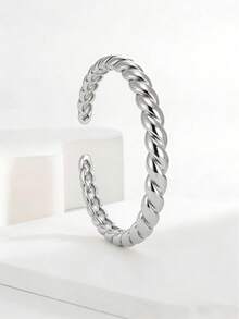 Charm-In Women's Gold-Plated Braided Texture Open Bangle, Fashion Jewelry For Daily Outfit, Party Accessories, Great Gift For Girlfriend, Best Friend, Holiday - Silver - View 2