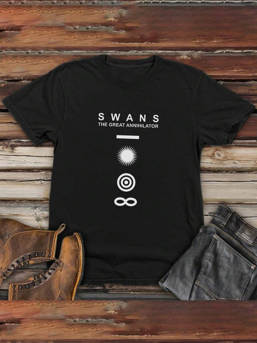 Camisetas de manga corta para hombres con diseños impresos para primavera y verano con patrones de cisnes. - Negro - Ver 1