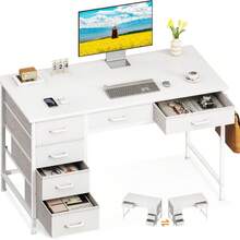 Computer Desk With 6 Drawers, 40 Inch Small Desk With Storage, Reversible Desk With Headphone Hook For Home Office, Work Study Table For Bedroom, White - White - View 1