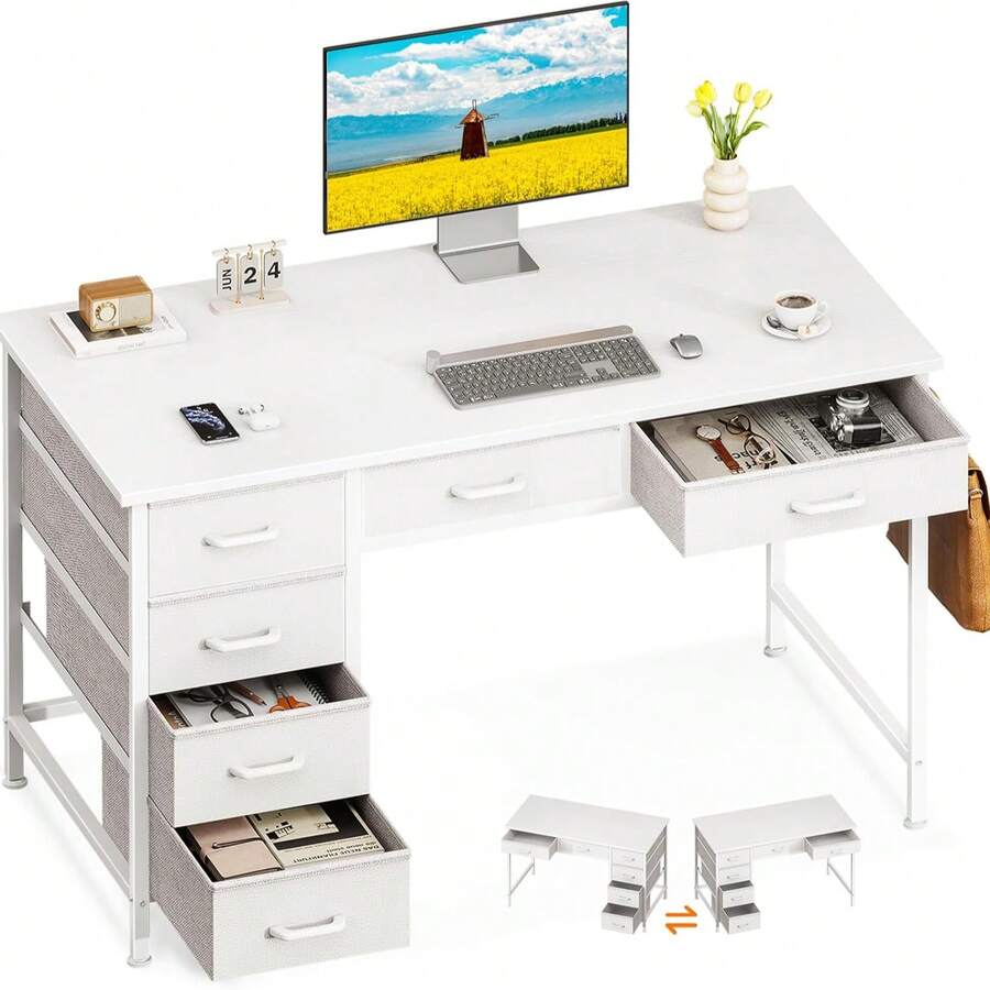 Computer Desk With 6 Drawers, 40 Inch Small Desk With Storage, Reversible Desk With Headphone Hook For Home Office, Work Study Table For Bedroom, White - White - View 1