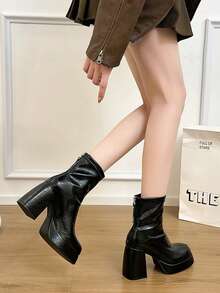黑色软后拉链欧美风时尚女靴，厚底防水厚底圆头百搭优雅街头风音乐节假日派对踝靴，四季皆宜 - 黑色 - 查看 8