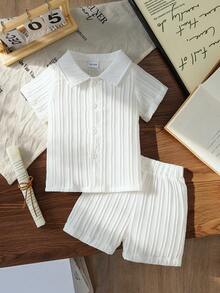 Young Boy Solid Color Short Sleeve Shirt And Shorts Set - White - View 1