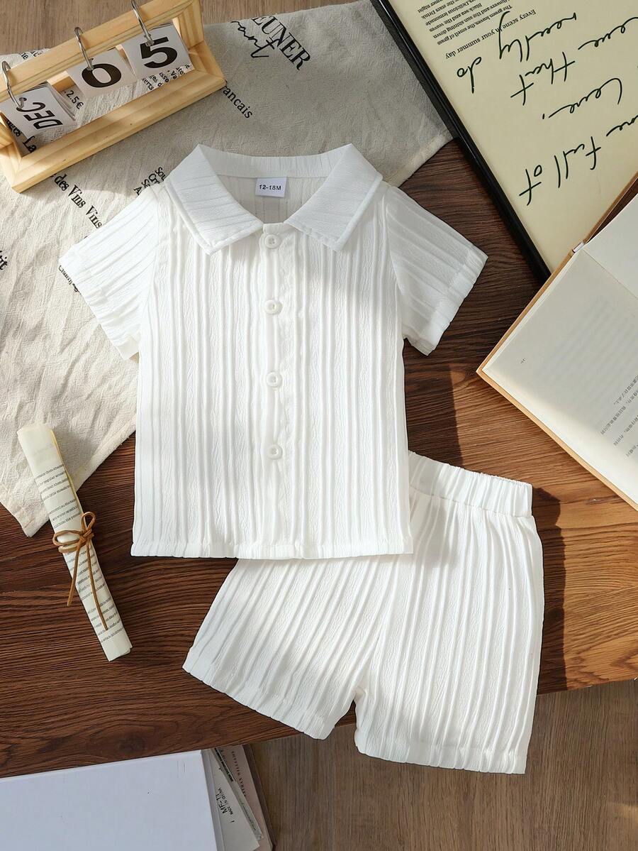 Young Boy Solid Color Short Sleeve Shirt And Shorts Set - White - View 1