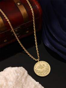 1pc Gold-Plated Women's Necklace With Turkish Coin Pendant, Paired With Braided Chain, Suitable For Various Occasions