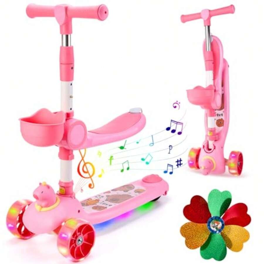 JCH-Nasjac Scooter Plegable para Niños Patinete de Altura 3 Ajustable para Niños 2 a 7 años Patín del Diablo Monopatin 3 Ruedas con Luz LED y Música - Rosa - Ver 1