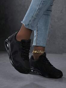 女士舒适气垫厚底运动鞋，圆头系带休闲增高鞋 - 黑色 - 查看 4