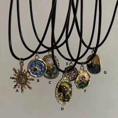 Vintage Drip Oil Flower Sun Pendant Necklace Leather Rope