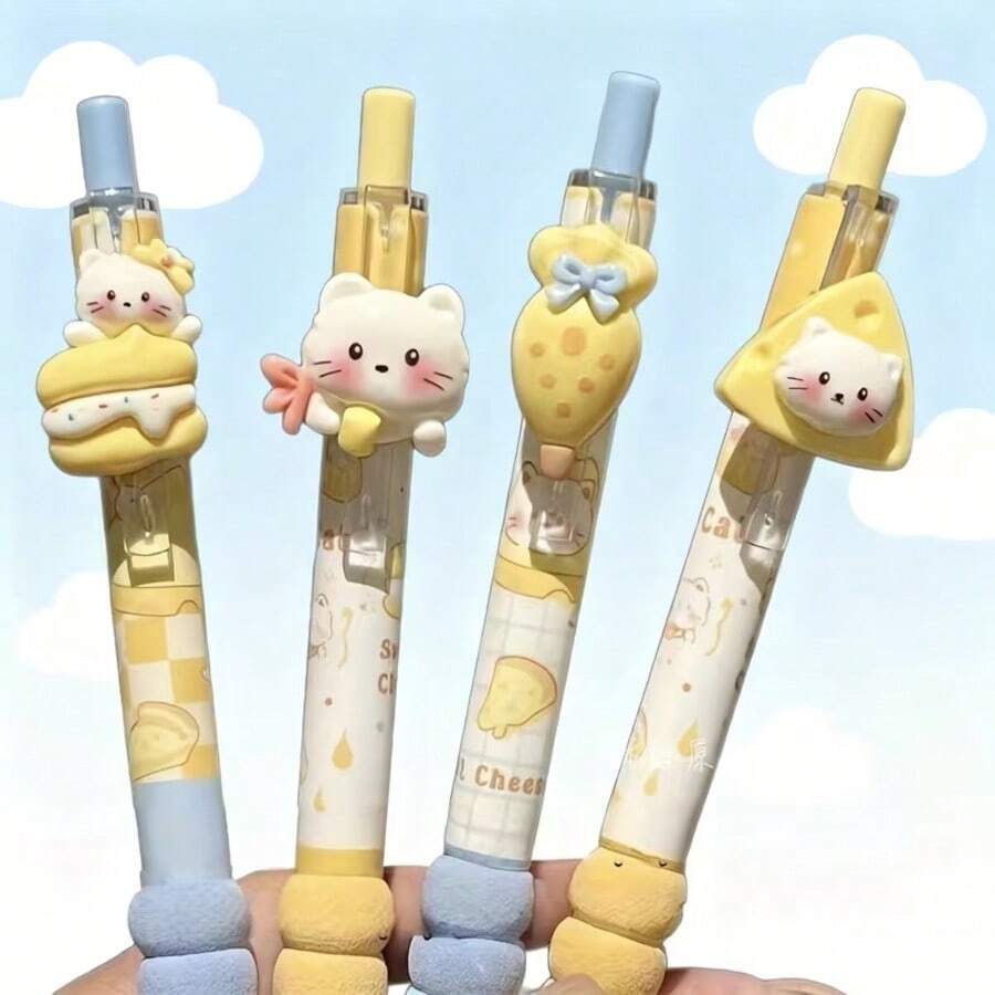 1/2/4pcs Newest Cute Cheese Cat Neutral Pens, Creative High-Quality Design, Suitable For Office Supplies, Students, Stress Relief, Healing, Holiday & Couple Gifts - Multicolor - View 1