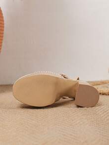 Sandalias de tacón grueso con plataforma, tiras de tobillo y punta abierta, de malla y parches, sexy, para mujer. Zapatos elegantes para fiestas, banquetes y vacaciones, para looks de primavera y verano. - Albaricoque - Ver 6